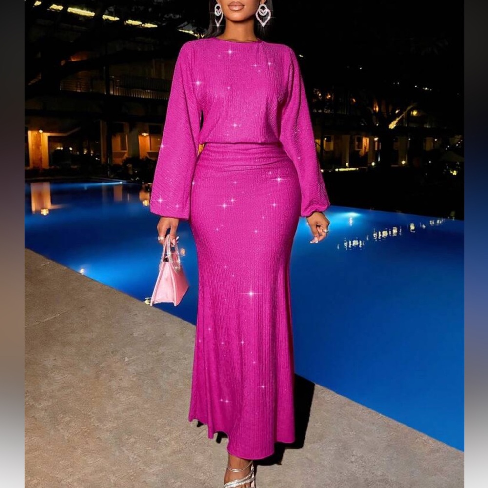 Elegant Hot Pink Long Sleeve Maxi Dress